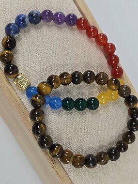 Chakra Beaded Bracelet Set Tiger’s Eye Healing Energy Yoga Meditation Jewelry...